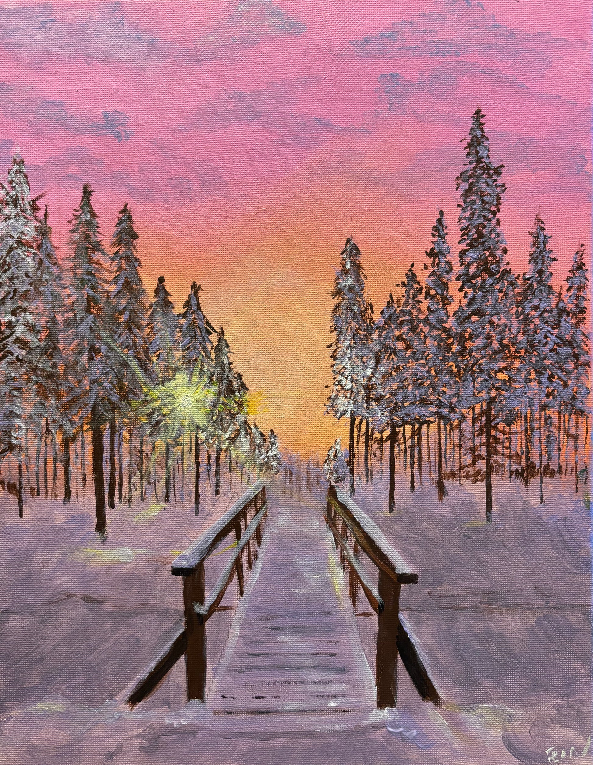 Painting of a snowy landscape with a wooden bridge and evergreen trees at sunset.
