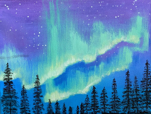 Painting of a night sky with aurora borealis and trees